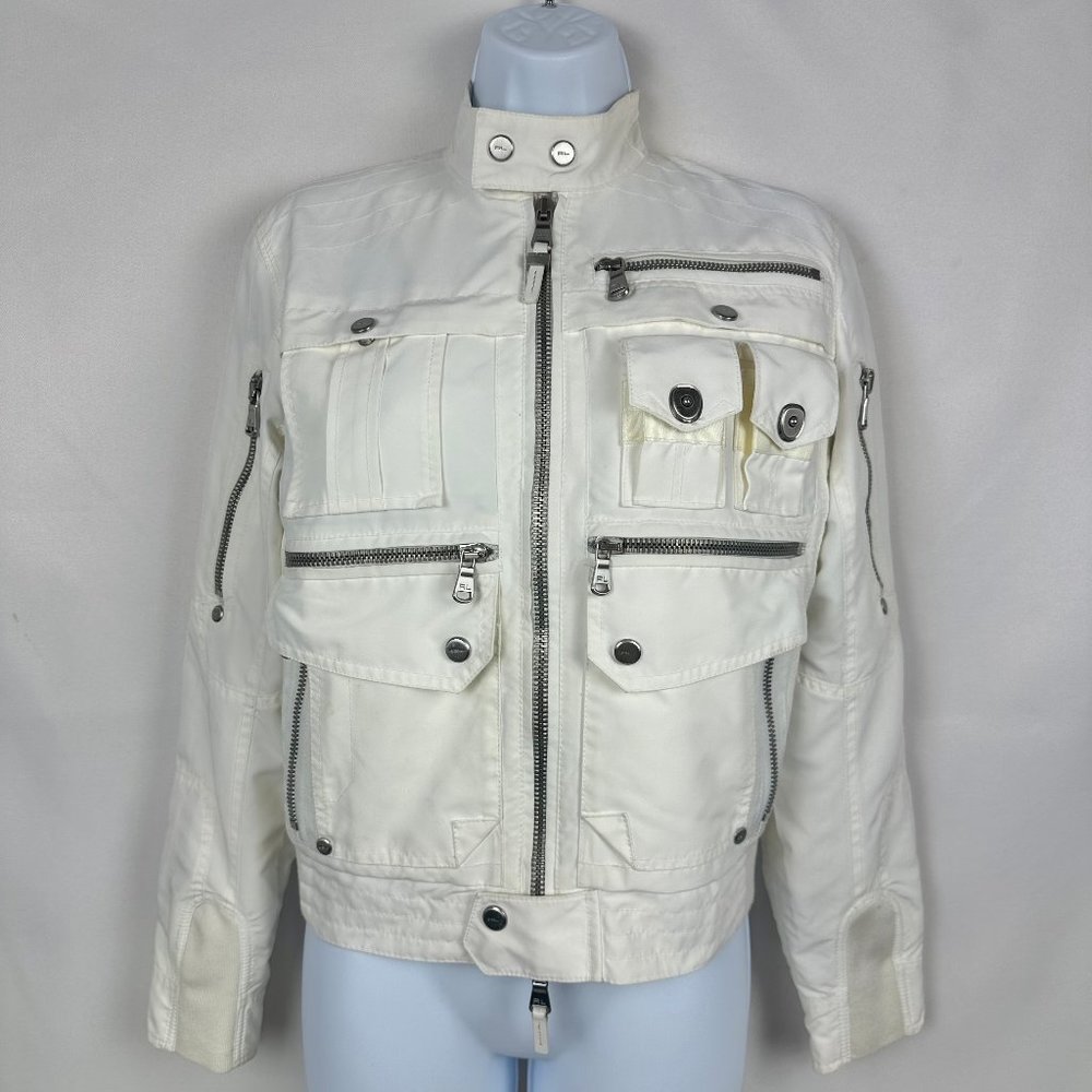 Ralph Lauren Black Label Moto Biker Jacket White Size 2 Zipper Detail